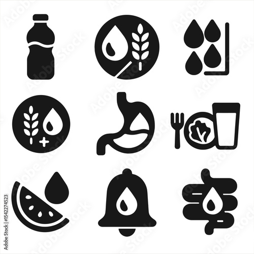 Fiber Hydration Icons. Solid style icons of fiber and hydration: water bottle, water + fiber icon, hydration chart, fiber + liquid