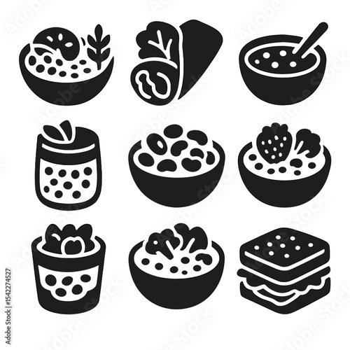 Fiber-Rich Meal Icons. Solid style icons of fiber-rich meal ideas: grain bowl, veggie wrap, lentil soup, chia pudding, fruit