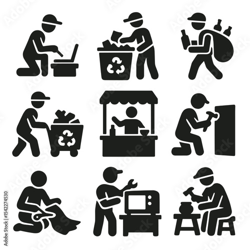 Scavenger Icons. Solid style icons of scavenger livelihoods: repair technician, waste sorter, bottle collector, street recycler,