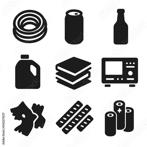 Valuable Waste Icons. Solid style icons of valuable waste materials: copper wire, aluminum can, glass bottle, plastic container,