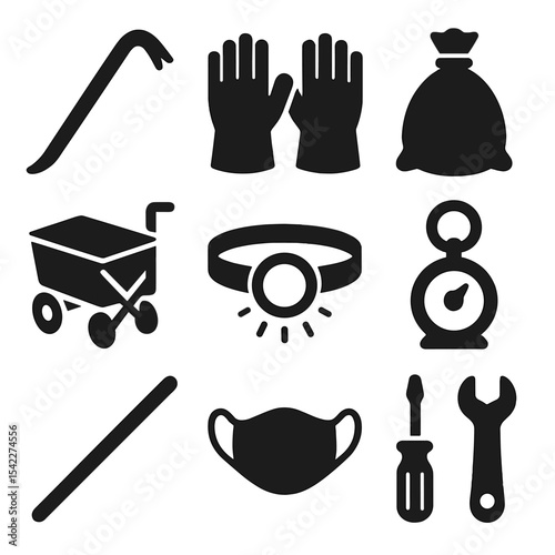 Scavenging Tools Icons. Solid style icons of scavenging tools: crowbar, gloves, sack bag, folding cart, headlamp, sorting stick,