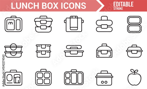 Vector Set of Lunch Box Icons Representing Bento Boxes, Containers, and Food Storage