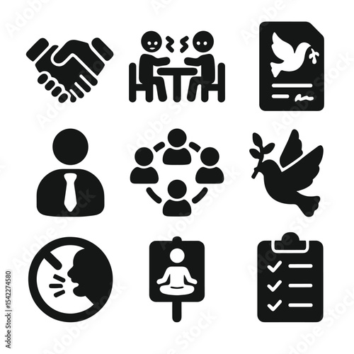 Peace Mediation Icons. Solid style icons of mediation and peacebuilding: handshake icon, conflict resolution table, peace document