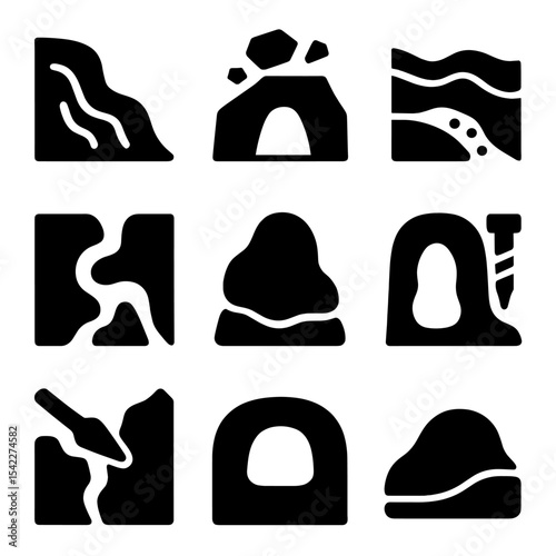 Erosion Icons. Solid style icons of erosion and cave shaping: water erosion mark, collapsed roof, sediment transport, canyon