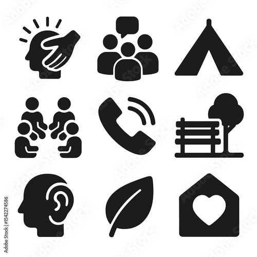 Mental Health Icons. Solid style icons of mental health in defense support: stress relief icon, community counselor, calm zone