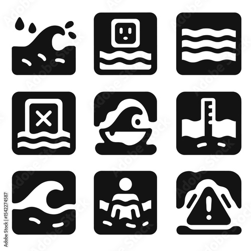 Underground Flood Icons. Solid style icons of flood events underground: water surge icon, emergency outlet, floodwater layers,