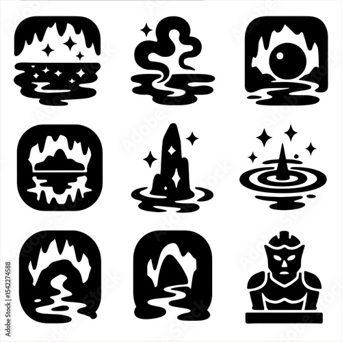 Mystical Subterranean Icons. Solid style icons of mystical subterranean rivers: glowing water, spirit mist, cave reflection,