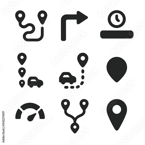 Shared Ride Logistics Icons. Solid style icons of shared ride logistics: route optimization, detour icon, time estimate bar,