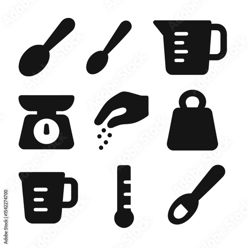 Cooking Measurement Icons. Solid style icons of cooking measurements: tablespoon scoop, teaspoon icon, measuring jug, kitchen