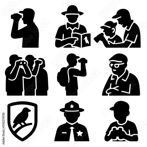 Birdwatching Icons Collection. Solid style icons of bird watchers and guides: birder silhouette, guide with field book, mentor