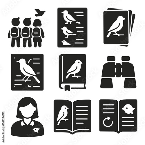 Educational Bird Watching Icons. Solid style icons of educational bird watching: school field trip, labeled bird poster, flashcard