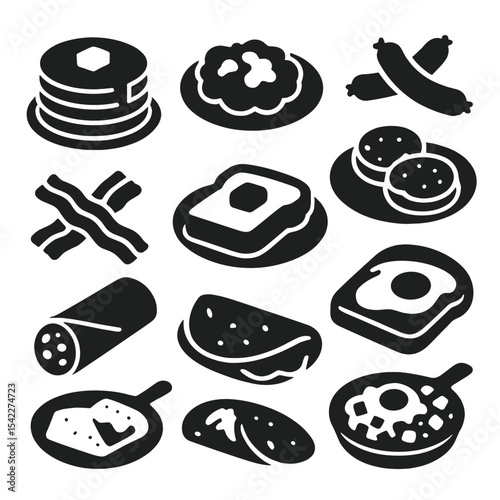 Breakfast Comfort Icons. Solid style icons of breakfast comfort food: pancakes stack, scrambled eggs, sausage links, bacon strips,