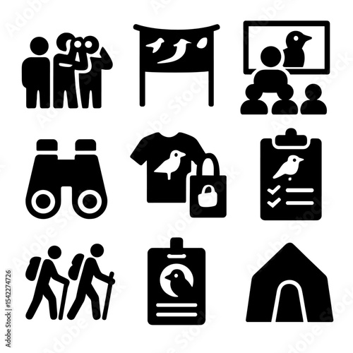 Bird Watching Icons. Solid style icons of bird watching events and festivals: bird count group, festival banner, speaker stage,