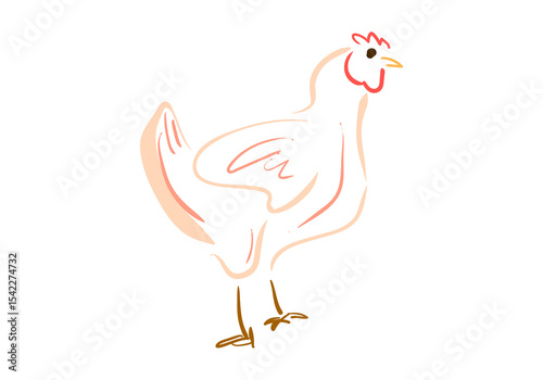 This image features a simplified, light-colored illustration of a hen