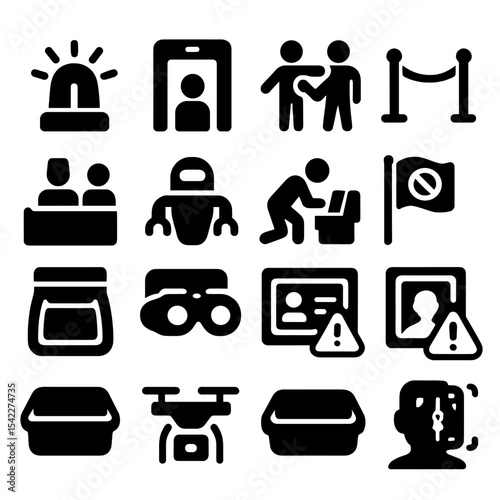 Airport Security Icons. Solid style icons of airport security: airport lockdown siren, control checkpoint gate, enhanced screening