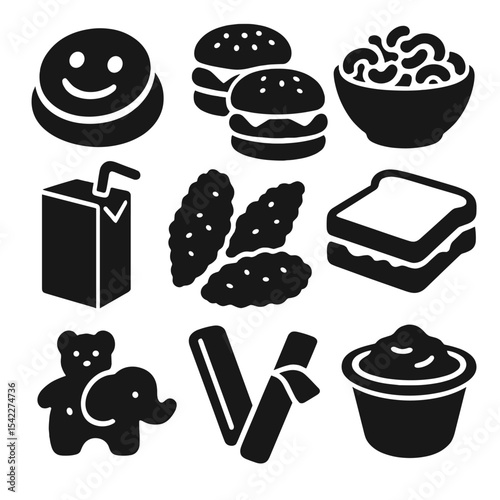 Kids' Comfort Food Icons. Solid style icons of comfort food for kids: smiley face pancakes, mini burgers, mac and cheese, chicken