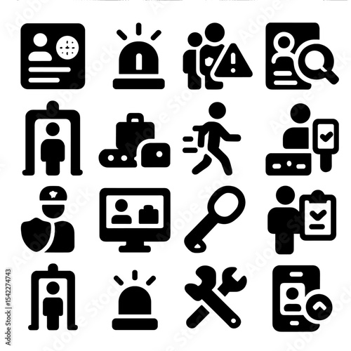 Airport Security Icons. Solid style icons of airport security: digital travel record, inspection approval light, emergency squad