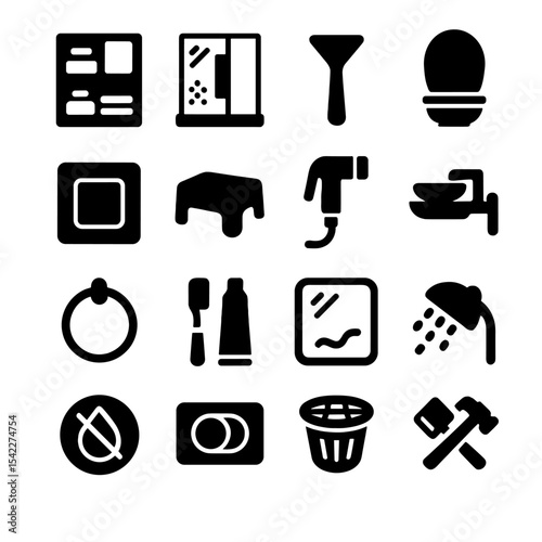 Bathroom Icon Set. Solid style icons of bathroom: built-in shelves, glass shower wall, bathroom tile squeegee, toilet seat lid,
