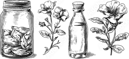 Herbal blend with dried roses and glass bottles for aromatherapy and natural wellness