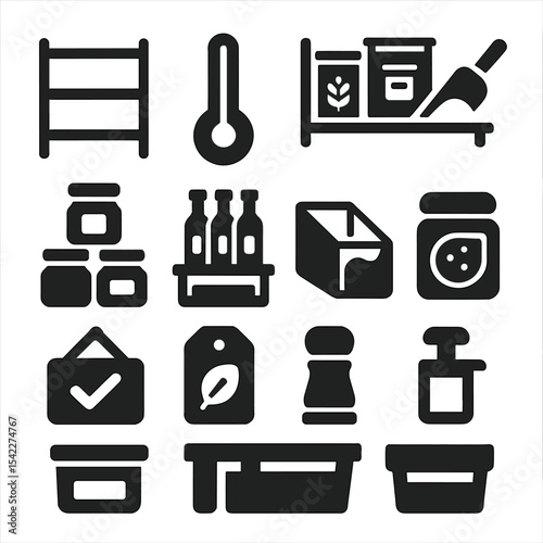 Pantry Essentials Icons. Solid style icons of pantry: multi-tier shelf, pantry thermometer, kitchen stock icon, dry goods scoop