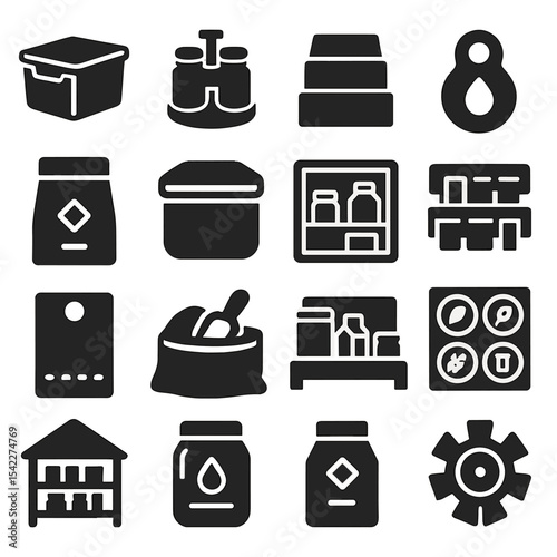 Pantry Storage Icons. Solid style icons of pantry: transparent ingredient bin, rotating spice rack, tiered shelf insert, food