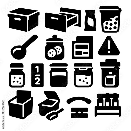 Solid Pantry Icons. Solid style icons of pantry: foldable storage box, soft-close pantry drawer, dry food sachet, breakfast cereal