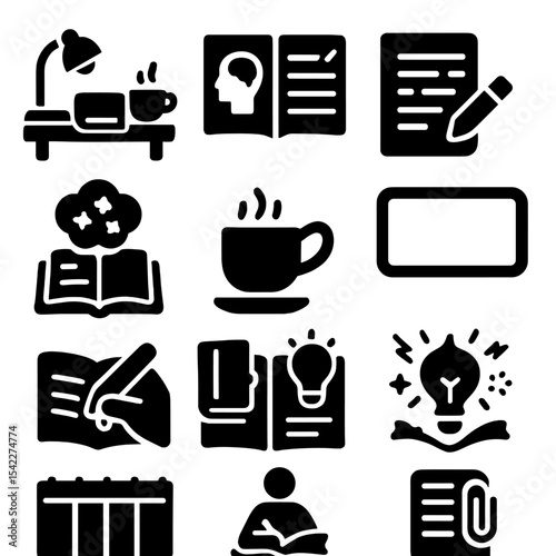 Journaling Icon Set. Solid style icons of journaling: journaling desk setup, mental clarity page, motivational journal cover,