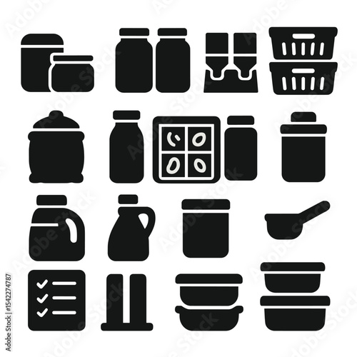 Pantry Storage Icons. Solid style icons of pantry: sealed food containers, mason jars, bulk food bins, stackable baskets, rice