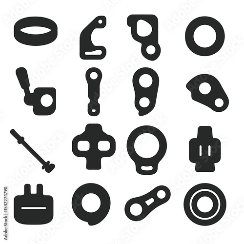 Bicycle Parts Icons. Solid style icons of bicycle parts: headset crown race, brake caliper adapter, integrated seatpost clamp,