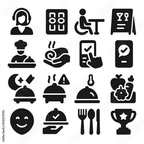 Hospitality Icons Collection. Solid style icons of restaurant and hospitality: customer care icon, seating chart, accessible table