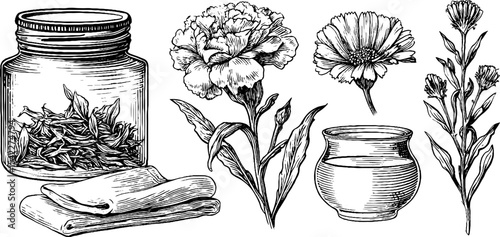 Herbal tea blend with glass jar and flowers for natural wellness concepts