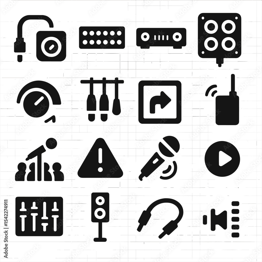 Obraz premium Live Sound Equipment Icons. Solid style icons of live sound: audio snake connector, patch bay icon, power amplifier block, stage