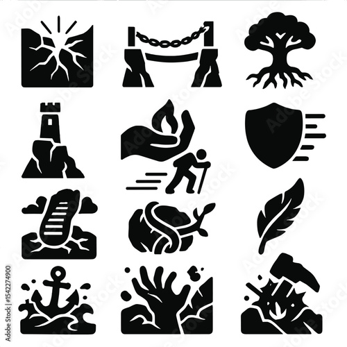 Perseverance Symbol Icons. Solid style icons of perseverance symbols: cracked surface with light burst, bridge held by chains,
