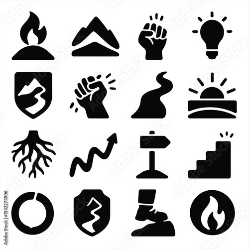 Perseverance Symbol Icons. Solid style icons of perseverance symbols: flame on dark hilltop, mountain layers in icon, hand