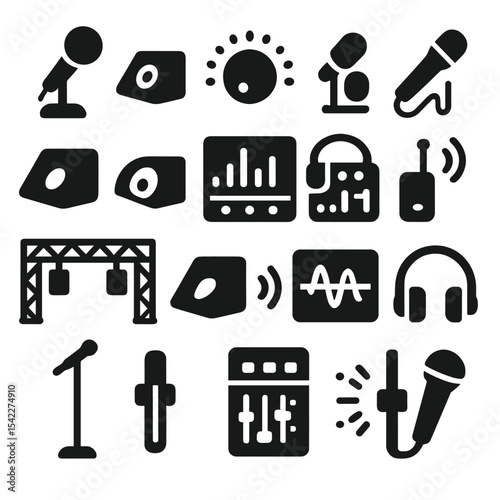 Live Sound Icons. Solid style icons of live sound: talkback mic icon, side fill speaker, input trim knob, mic placement icon,