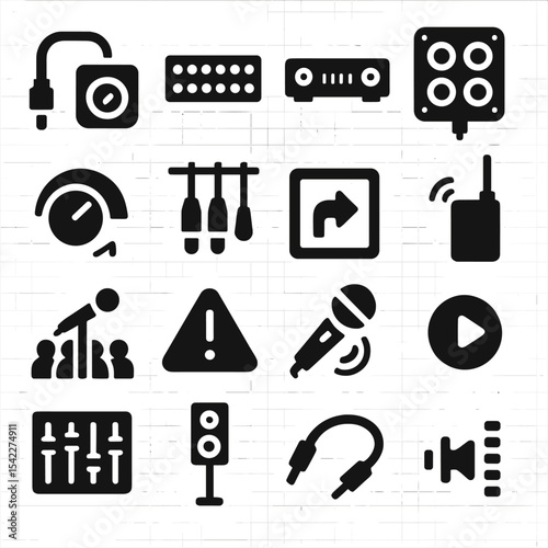 Live Sound Equipment Icons. Solid style icons of live sound: audio snake connector, patch bay icon, power amplifier block, stage