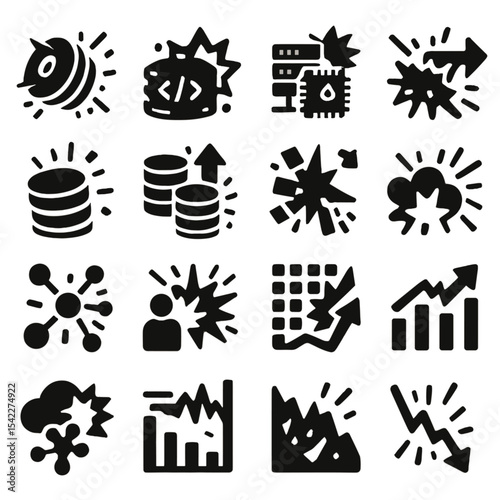Data Explosion Icons. Solid style icons of data explosion: spinning data disk pop, API overload icon, distributed system crash,