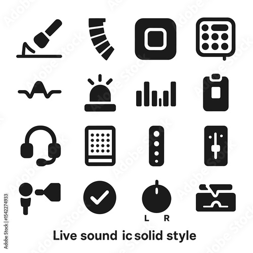 Sound Equipment Icons. Solid style icons of live sound: mic placement diagram, active line array icon, pad button symbol, digital