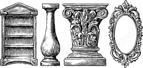 Vintage design elements: eclectic bookshelf, ornate pedestal, and decorative frame