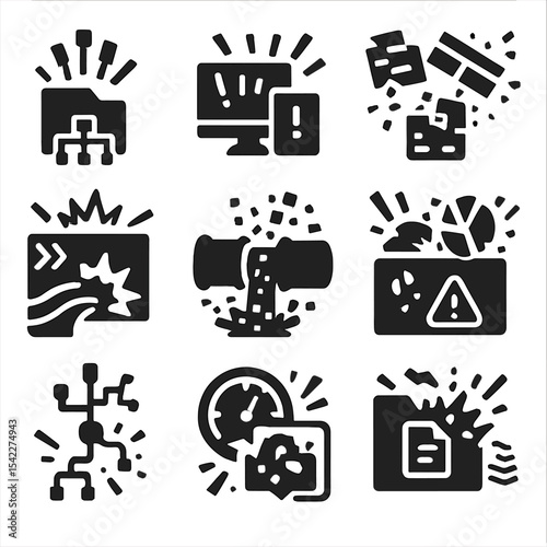 Data Chaos Icons. Solid style icons of data explosion: file tree burst, jammed analytics system, memory fragmentation icon,