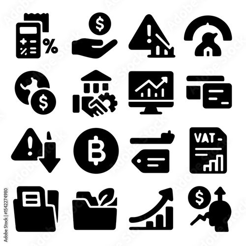 Economic Icon Set. Solid style icons of economy: income tax calculator, low-interest loan icon, economic crisis alert icon,