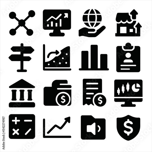 Economy Icon Set. Solid style icons of economy: trade route network, economic data portal icon, international remittance flow,