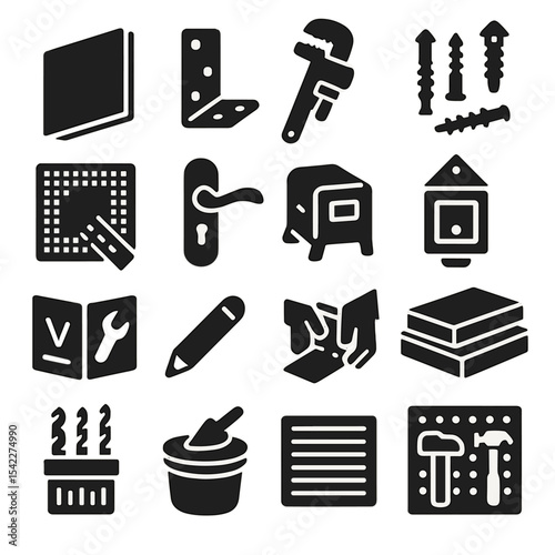 DIY Tools Icons. Solid style icons of home improvement and DIY: drywall panel, mounting bracket, pipe wrench, screw anchors, wall