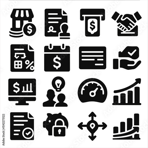 Business Finance Icons. Solid style icons of business and finance: small business funding icon, digital invoice with stamp, ATM