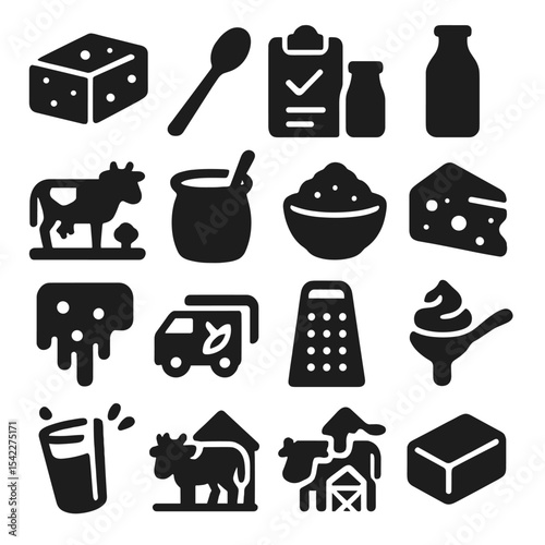Dairy Icons Collection. Solid style icons of dairy and milk: feta cheese block, dairy tasting spoon, nutritional milk facts icon,