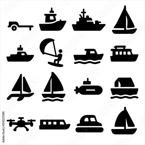 Watercraft Icons Variety. Solid style icons of watercraft silhouette: watercraft trailer, marine service boat, armored navy vessel