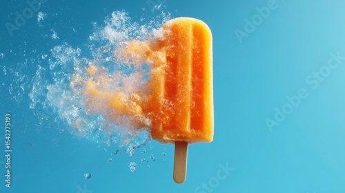 Un helado de naranja de hielo derritiéndose sobre fondo azul