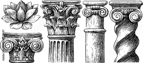 Egyptian lotus and art nouveau architectural capitals for design and decoration