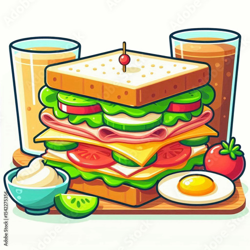 Towering sandwich with drinks sauces egg tomato on a wooden board