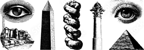 Ancient egyptian symbols and structures: obelisks and eye design elements